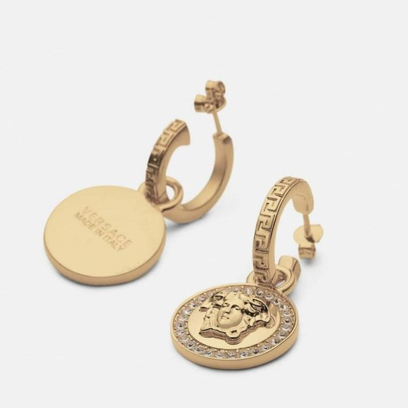 VERSACE Gold tone Greca Medusa Drop Earrings with Crystals - Picture 1 of 15